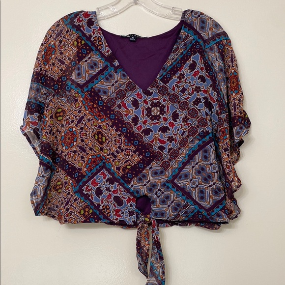 Haute Monde Tops - Haute Monde Purple and Blue Crop Tie Front Blouse